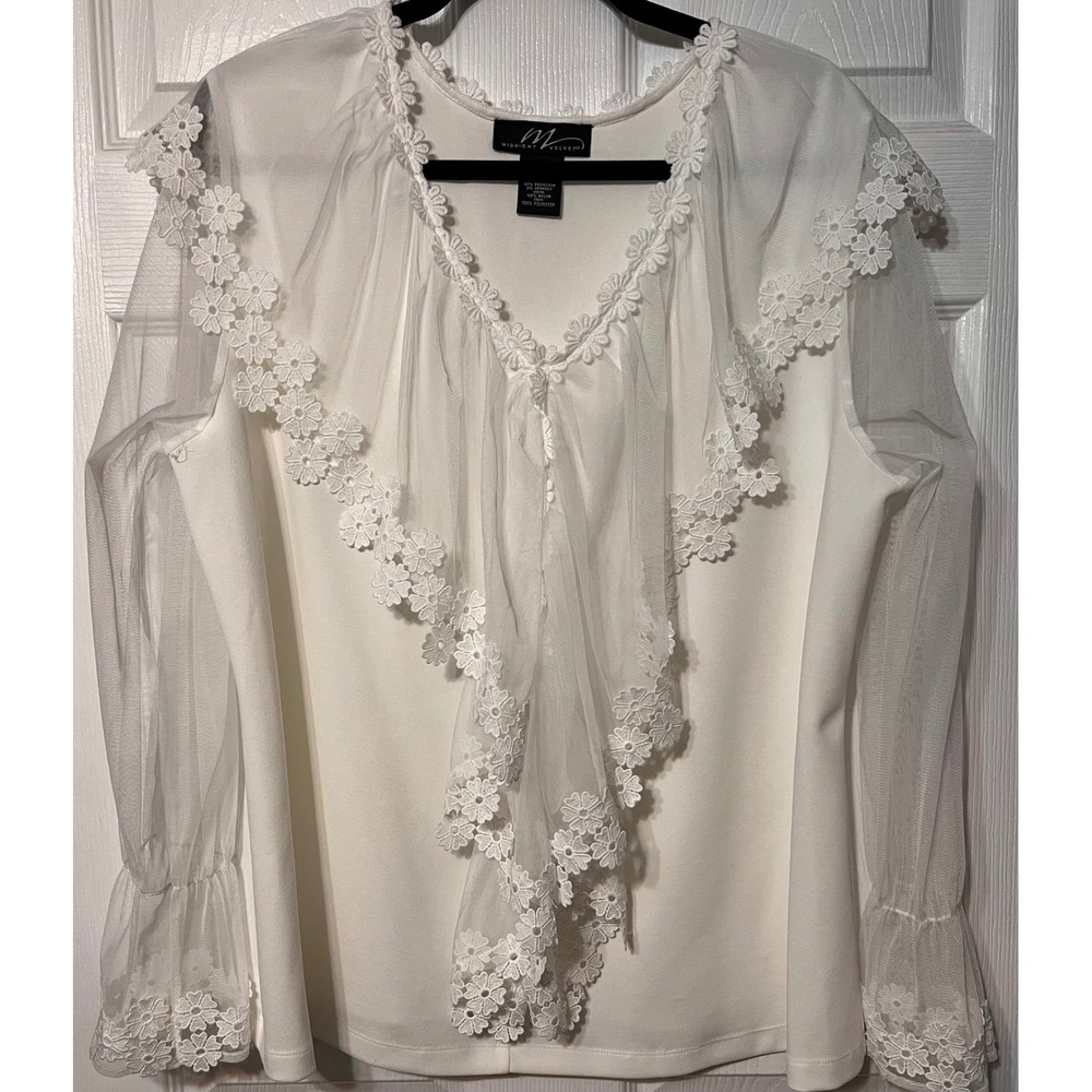 Midnight Velvet White Lace Mesh Ruffle Blouse Sheer Bell Sleeve Top Plus 1X